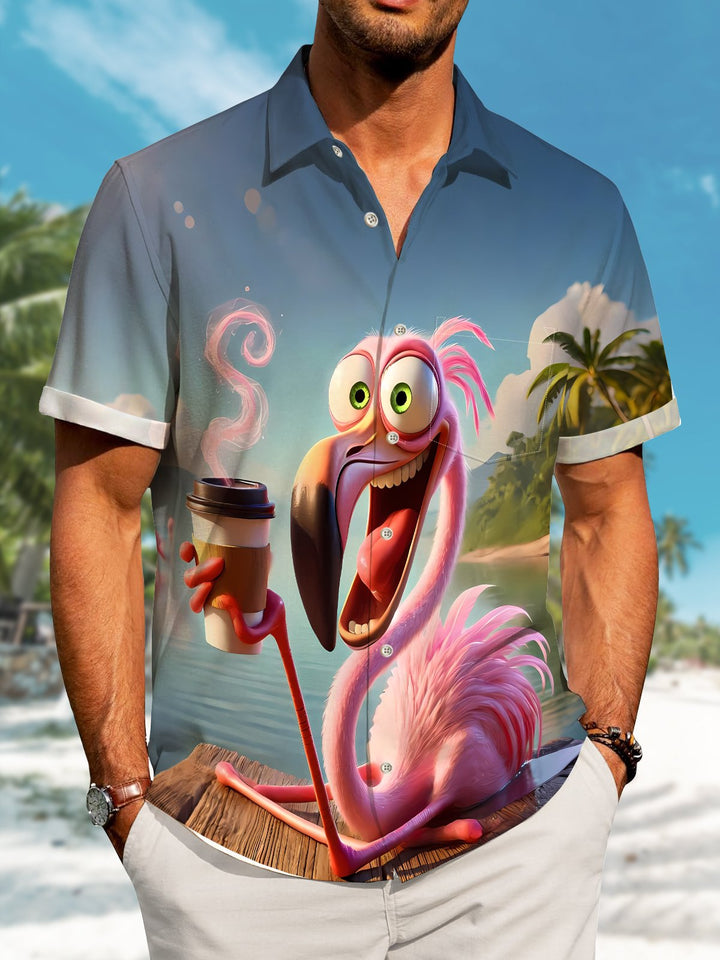 Alohadaddy Hawaii Resort Style Flamingo Drinking Coffee Print Art Button Stretch Large Size Men&