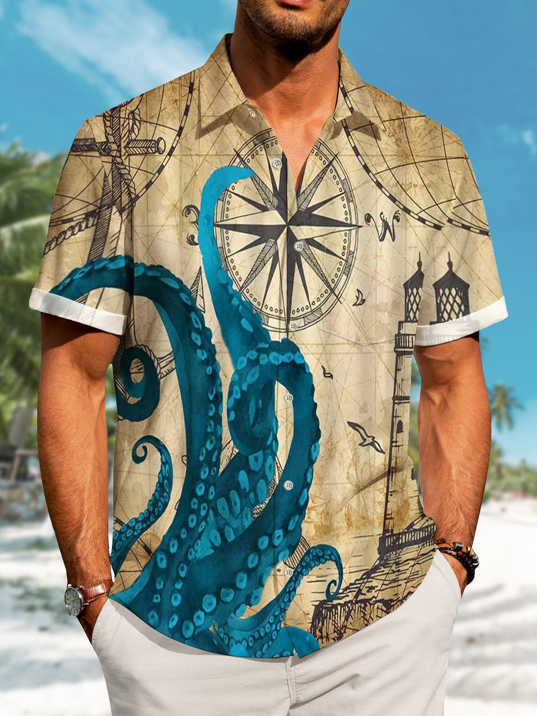 Alohadaddy Hawaii Octopus Contrast Color Map Print Art Pockets Button Elastic Large Size Men&