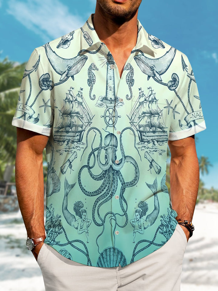 Alohadaddy Hawaiian Gradient Octopus Nautical Pattern Button Pocket Casual Short Sleeve Large Size Stretch Shirt
