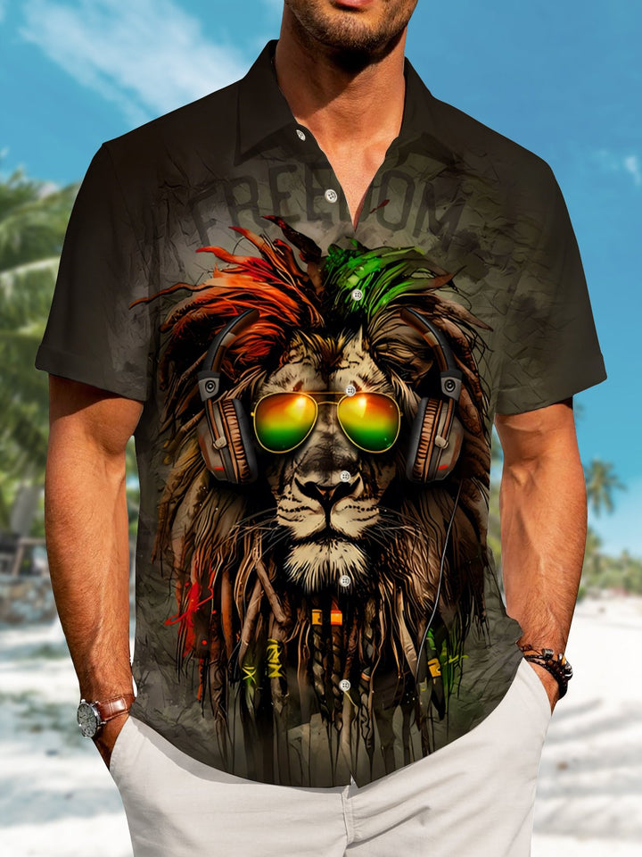 Alohadaddy Vintage Style Lion Art Print Pocket Button Elastic Oversized Shirt