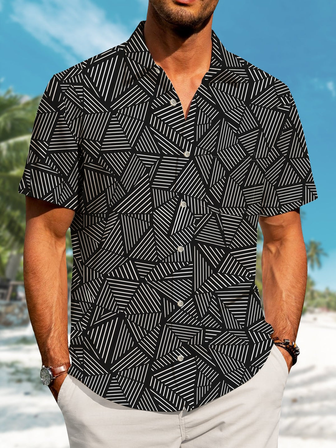 Alohadaddy Casual Geometric Stripes Print Art Pockets Buttons Stretch Oversize Shirt