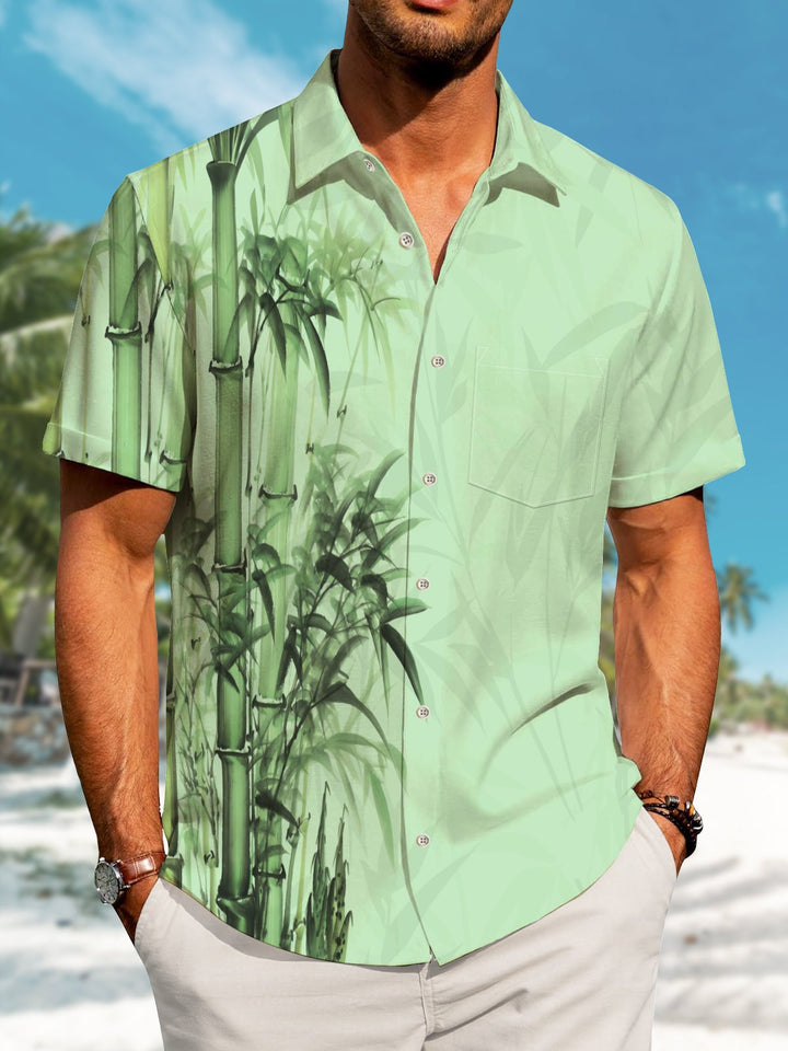 Alohadaddy Casual Bamboo Contrast Bamboo Leaves Print Art Pockets Buttons Elastic Oversized Shirt