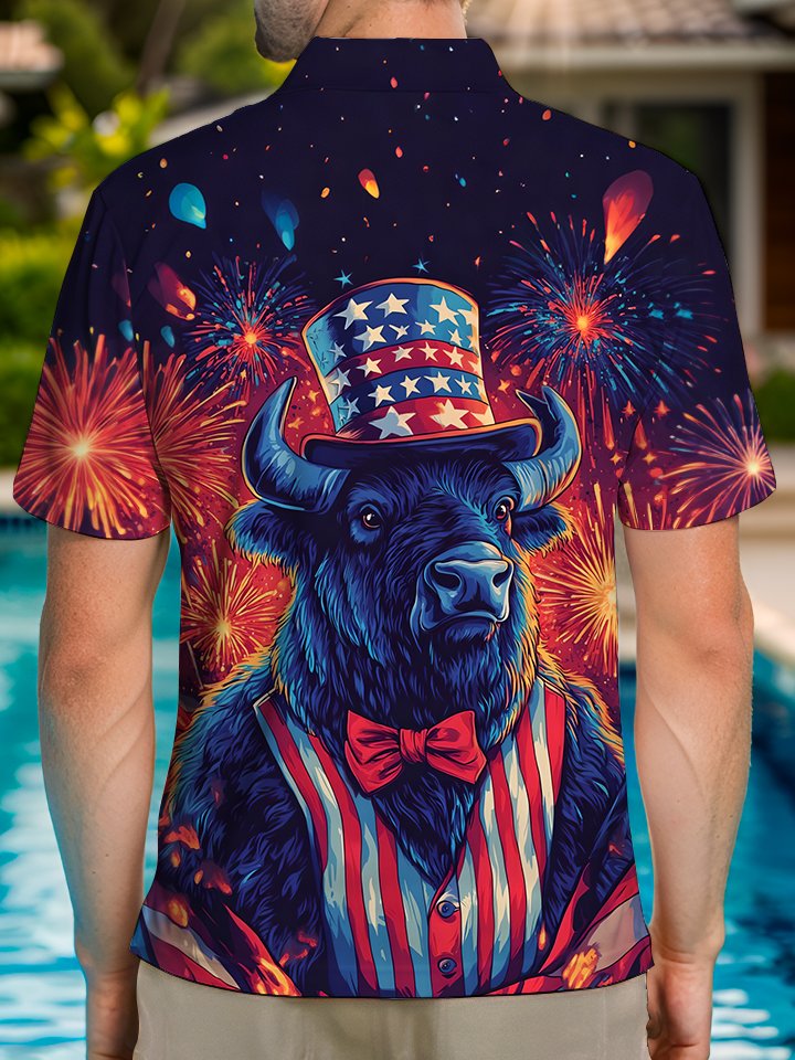 Alohadaddy Holiday Collection Independence Day Bull Button Stretch Oversized Polyester Short Sleeve Polo Shirt