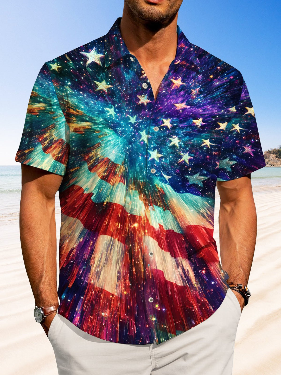 Alohadaddy Holiday Collection Independence Day American Flag Button Cardigan Pocket Stretch Large Size Long Short Sleeve Shirt