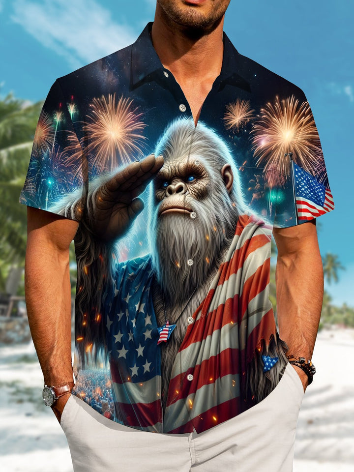 Alohadaddy Holiday Collection Independence Day Bigfoot American Flag Print Art Button Cardigan Pockets Large Size Long Short Sleeve Polyester Shirt