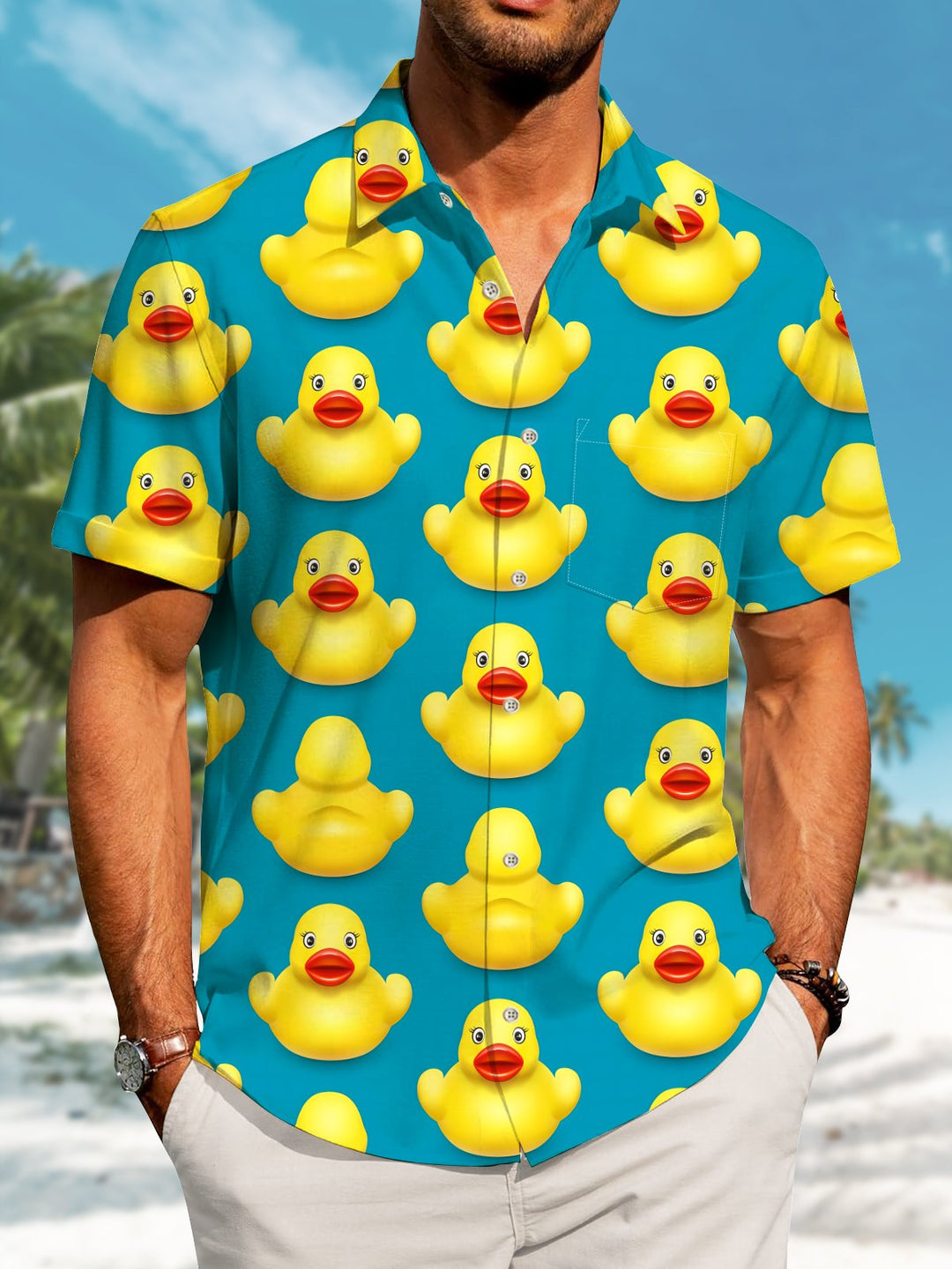 Alohadaddy Hawaiian Yellow Duck Toy Print Art Buttons Cardigan Pockets Stretch Large Size Short Sleeve Shirt