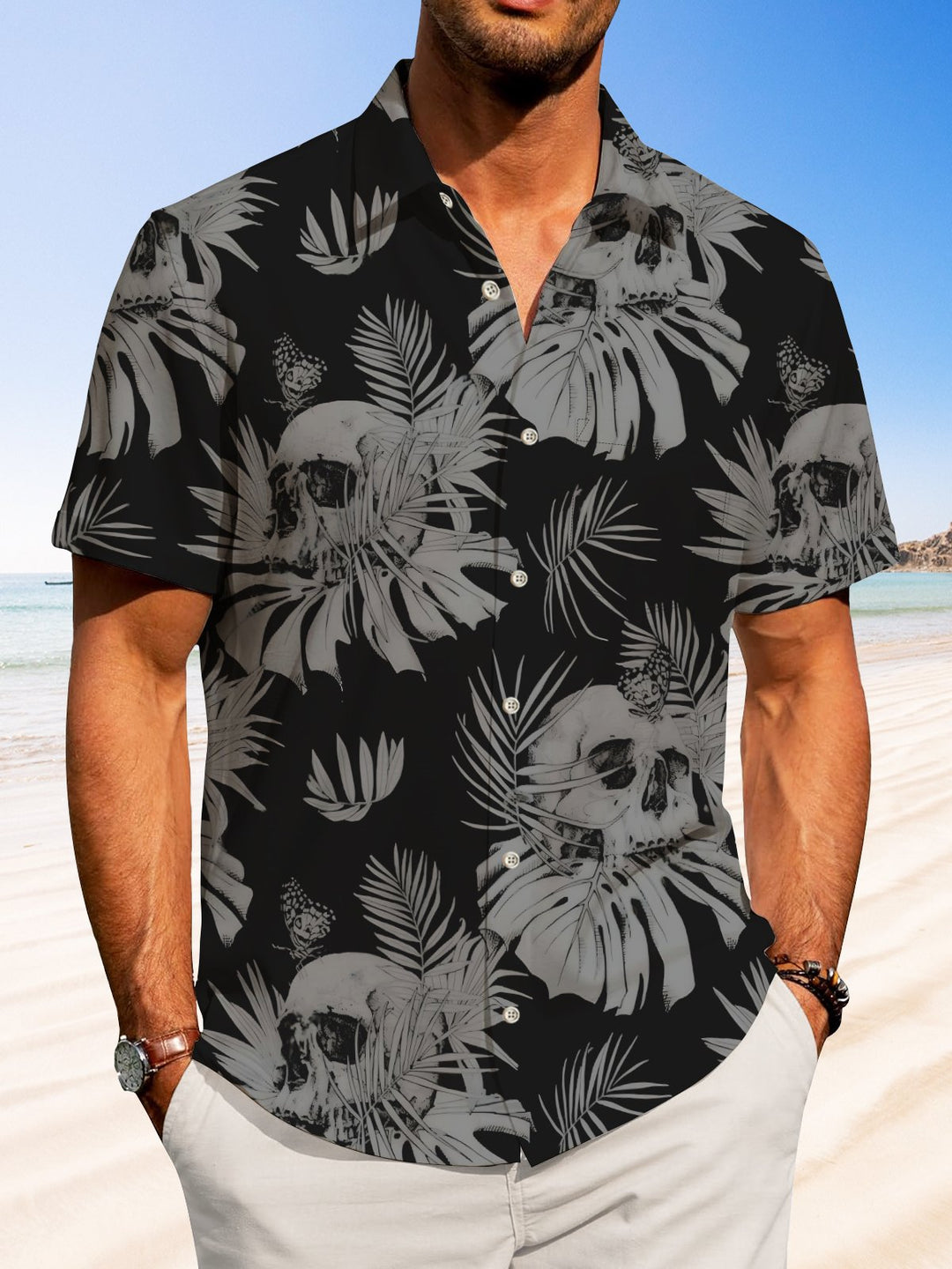 Alohadaddy Hawaii Skull Palm Leaves Painting Art Buttons Cardigan Pockets Stretch Large Size Long Short Sleeve Shirt