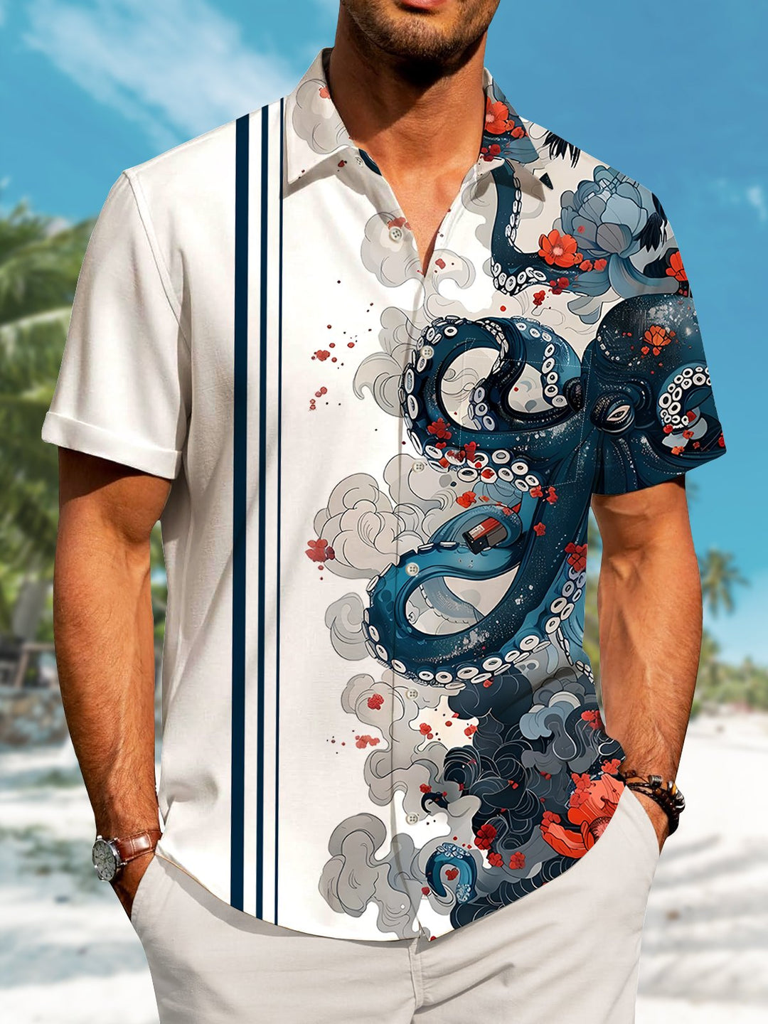 Alohadaddy Casual Collection Ukiyo-e Stripes Contrast Color Print Art Buttons Cardigan Pockets Stretch Long Oversized Shirt