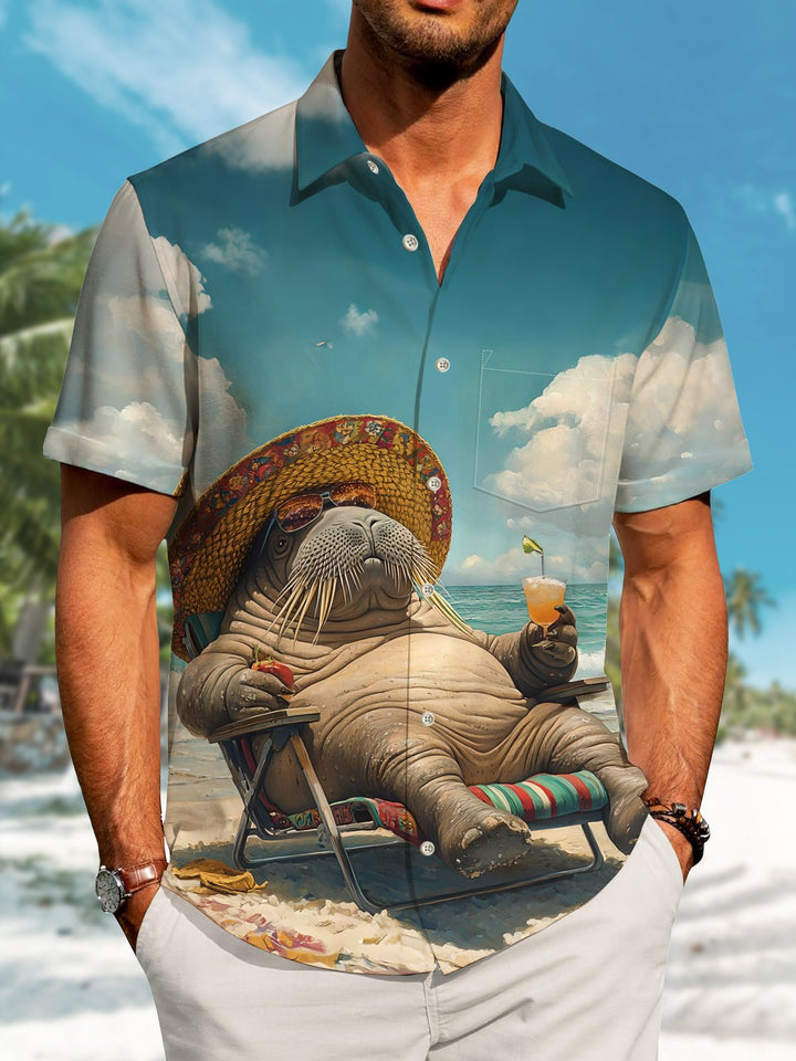 Alohadaddy Hawaiian Vacation Seal Print Art Loose Cardigan Button Pocket Stretch Long Large Size Short Sleeve Shirt