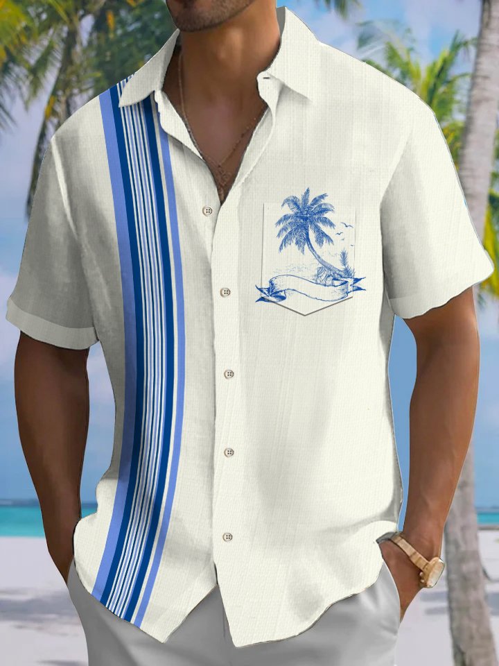 Alohadaddy Hawaiian Vacation Casual Daily Stripes Palm Tree Print Art Button Cardigan Pockets Breathable Soft Long Large Size Short Sleeve Shirt