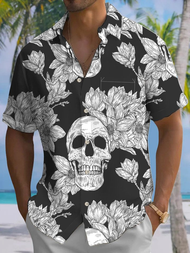 Alohadaddy Hawaiian Casual Skull Palm Leaf Print Art Buttons Pocket Cardigan Stretch Large Size Short Sleeve Shirt