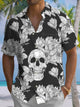 Alohadaddy Hawaiian Casual Skull Palm Leaf Print Art Buttons Pocket Cardigan Stretch Large Size Short Sleeve Shirt