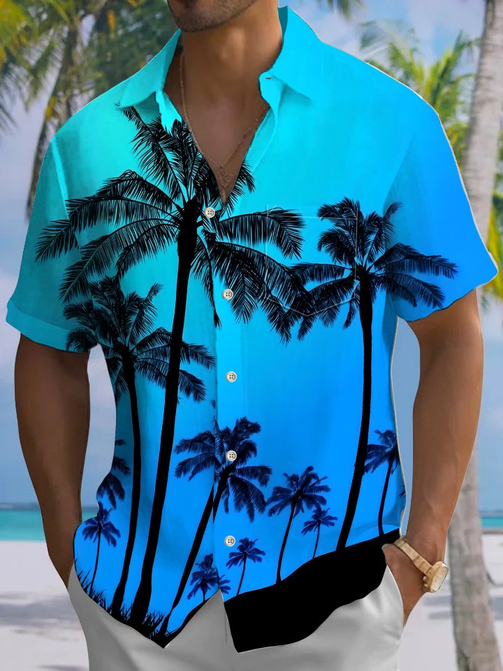 Alohadaddy Hawaiian Vacation Palm Trees Print Art Button Cardigan Pocket Polyester Stretch Large Size Long Short Sleeve Shirt