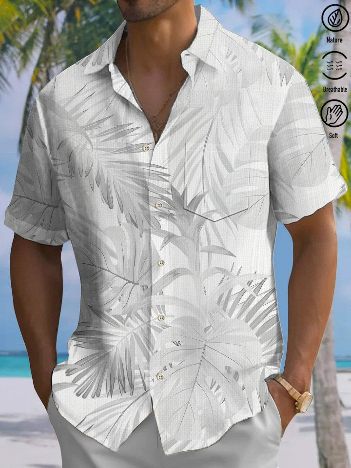 Alohadaddy Casual Palm Leaves Art Print Moisture Wicking Chest Pocket Hawaiian Short Sleeve Shirt