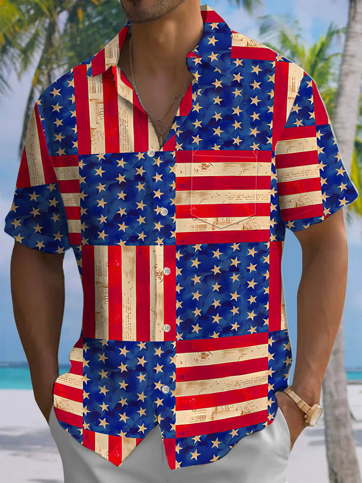Alohadaddy® Casual 4th of July Flag Print Chest Pocket Mens Short Sleeve Shirt Big &amp; Tall