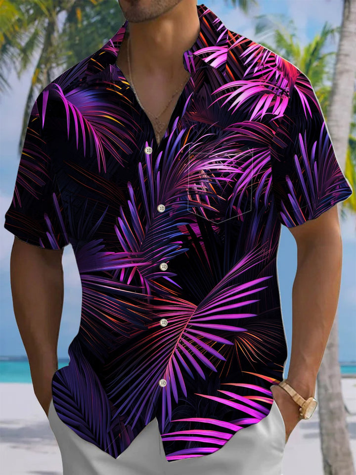 Alohadaddy® Hawaiian Leaves Art Print Chest Pocket Moisture Wicking Men&