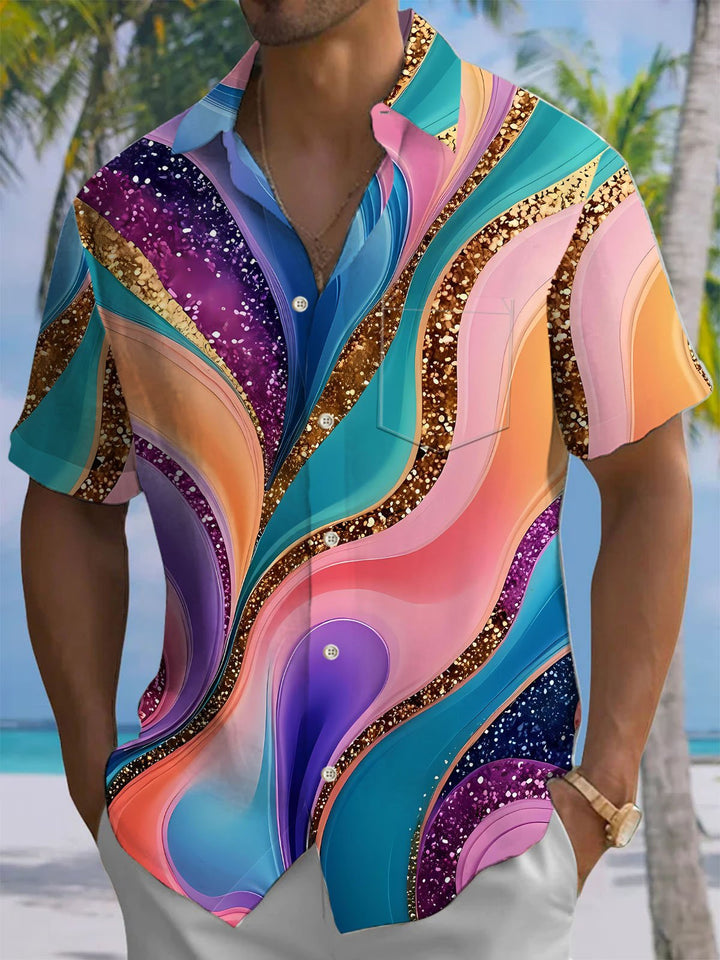 Alohadaddy® Casual Abstract Art Print Chest Pocket Mens Wicking Short Sleeve Shirt Big &amp; Tall