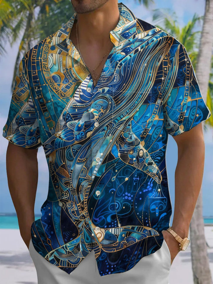 Alohadaddy® Hawaii Whale Art Print Chest Pocket Mens Short Sleeve Shirt Big &amp; Tall
