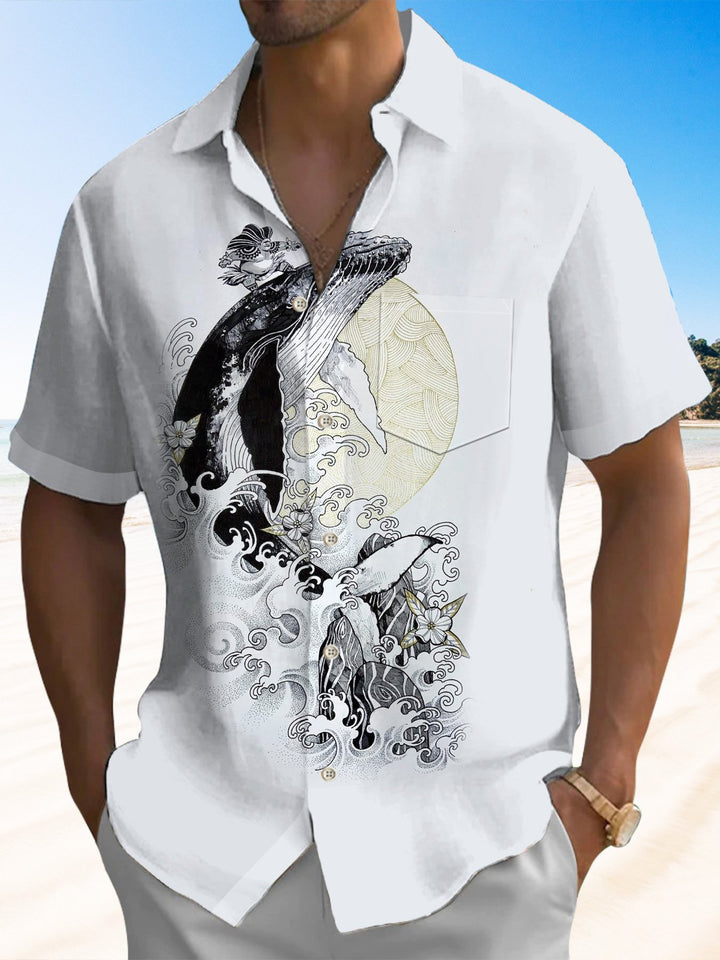 Alohadaddy® Casual Whale Art Print Chest Pocket Mens Short Sleeve Shirt Big &amp; Tall