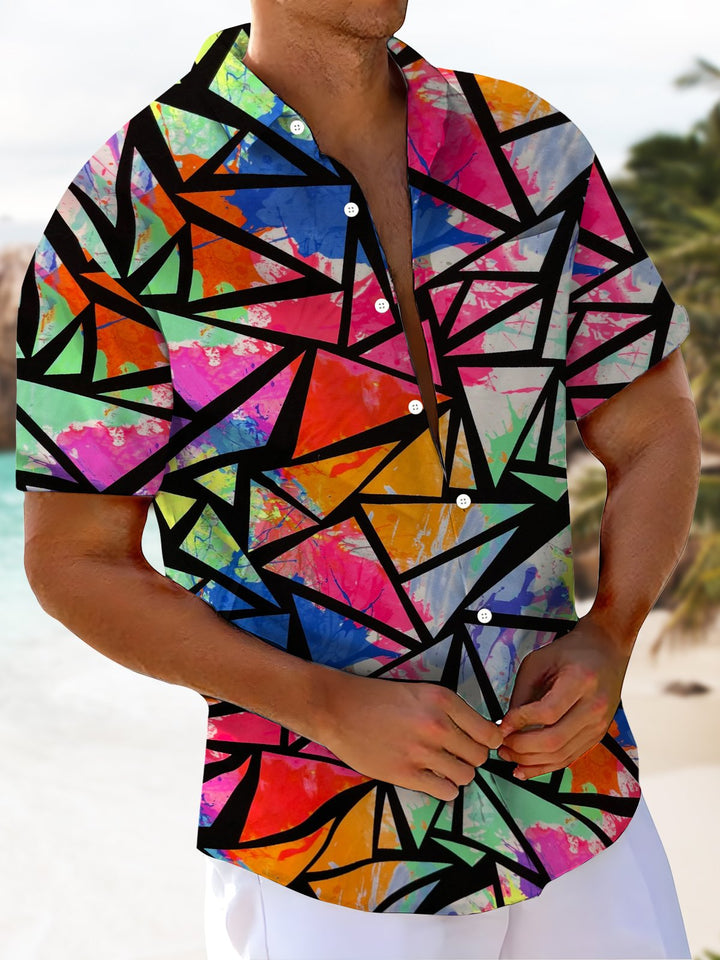 Alohadaddy® Hawaiian Geometric Art Print Chest Pocket Men&