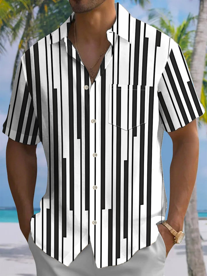 Alohadaddy® Casual Stripe Geometric Art Print Chest Pocket Men&
