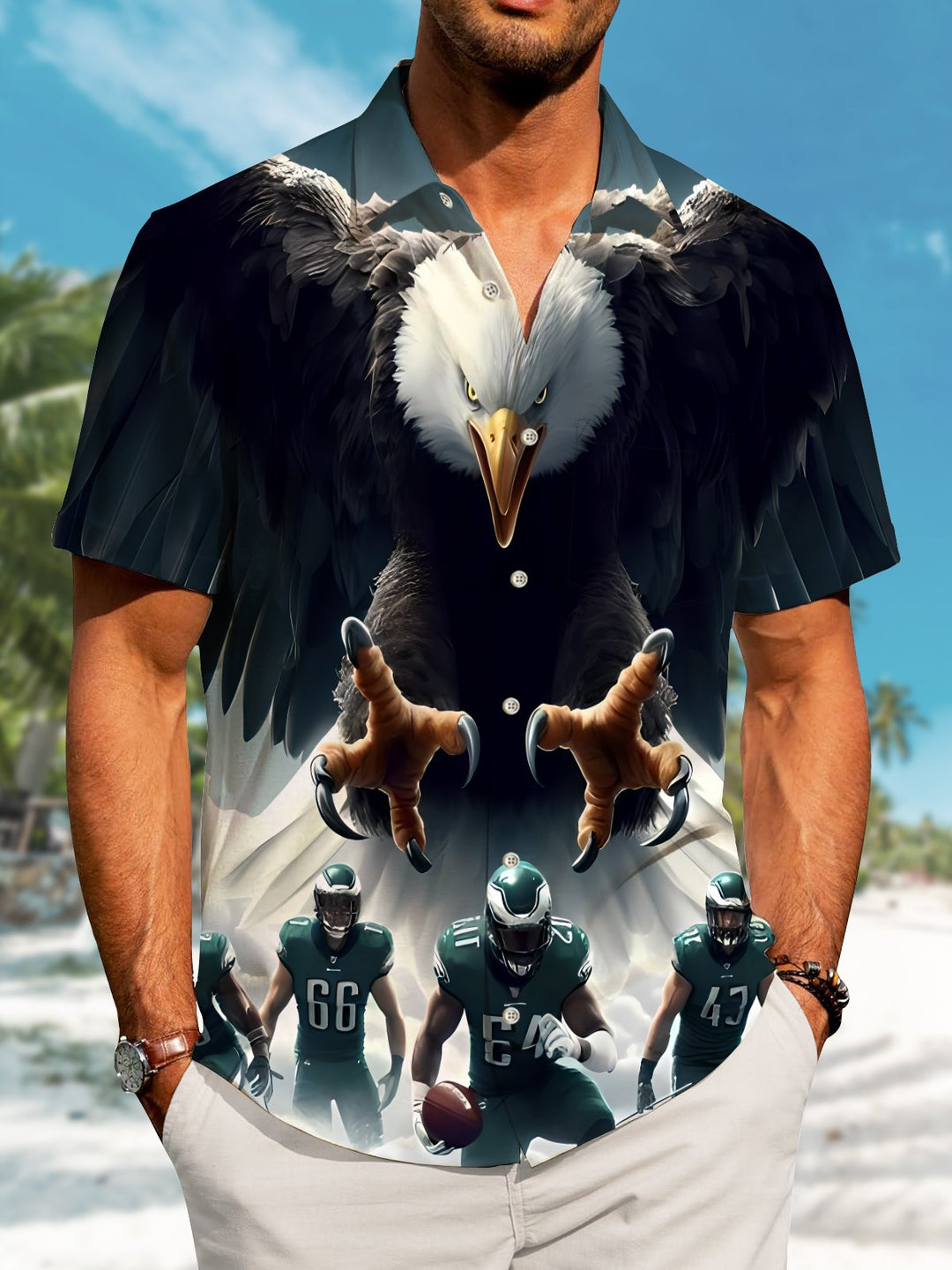Alohadaddy Casual Eagles Football Team Printed Art Pockets Buttons Stretch Oversized Shirt
