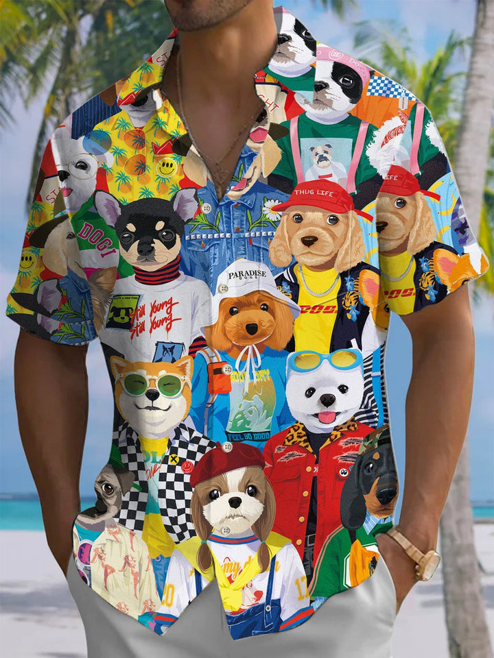 Alohadaddy® Funny Dog Print Art Chest Pocket Men&