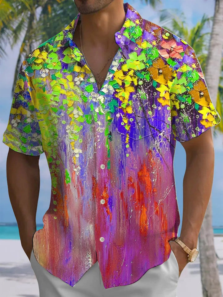 Alohadaddy® Hawaiian Acrylic Oil Painting Leaves Print Art Chest Pocket Men Short Sleeve Shirt Big &amp; Tall