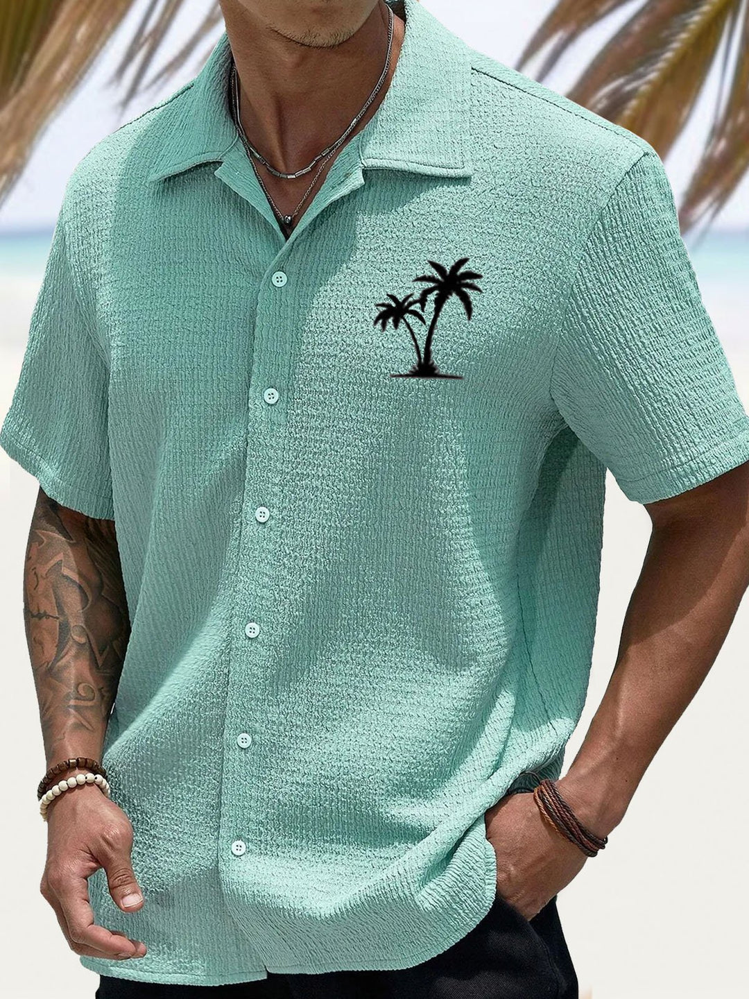 Camisa de manga corta con bolsillos abotonados y estampado digital 3D de crepe con cocotero hawaiano de Alohadaddy para hombre, talla grande y alta