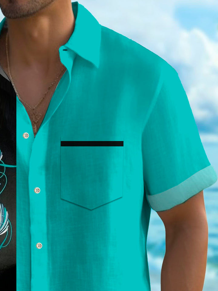 Camisa de manga corta con bolsillo abotonado y estampado degradado a rayas para hombre de estilo retro de bolos y automoción de Alohadaddy