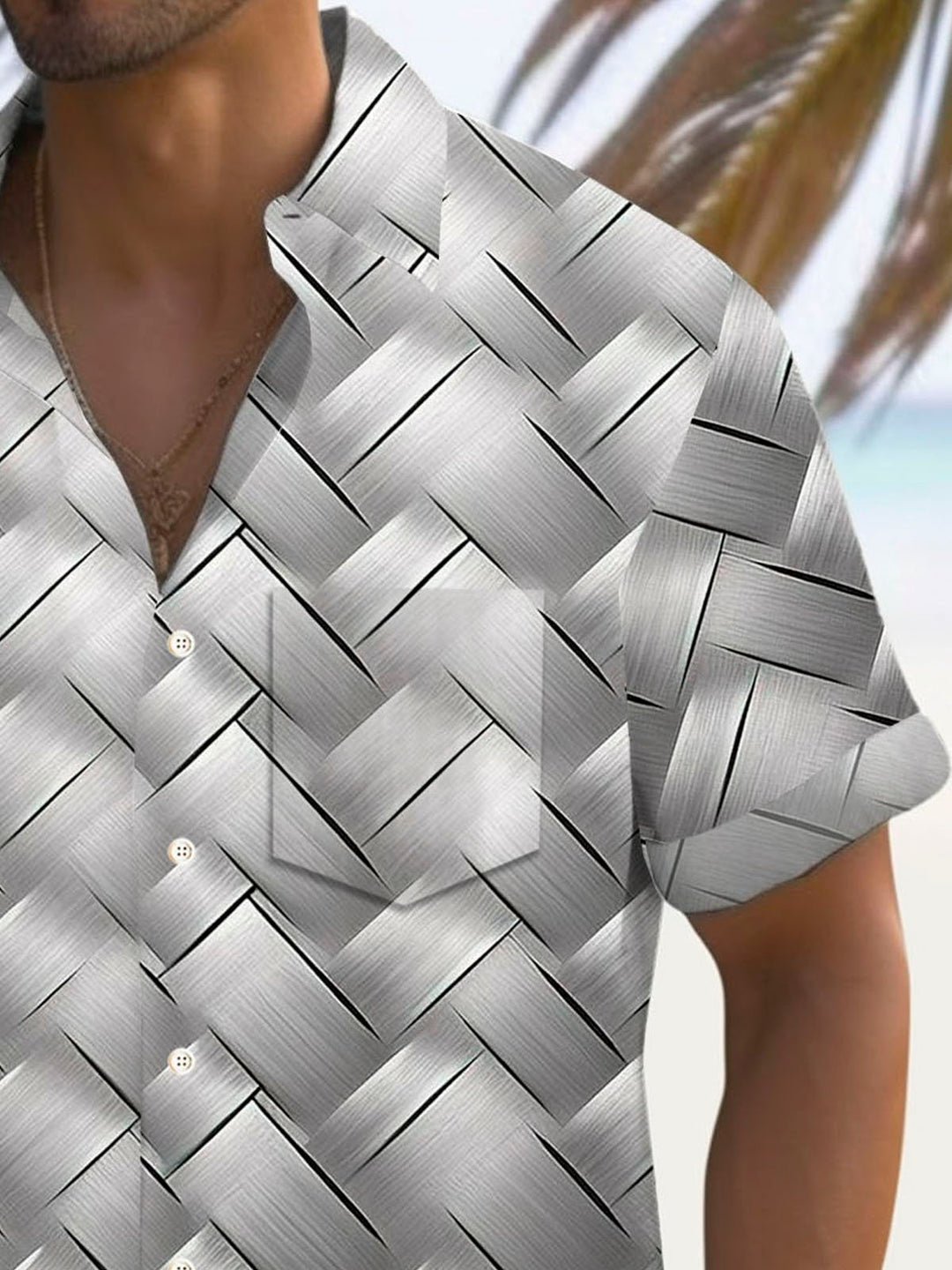 Camisa de manga corta con bolsillo abotonado y estampado 3D de gradiente geométrico retro para hombre de Alohadaddy