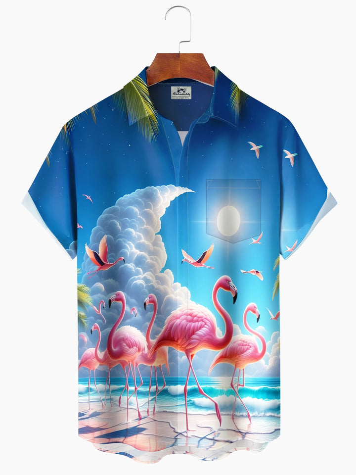 Alohadaddy Hawaii Resort Style Flamingo Clouds Print Art Buttons Stretch Large Size Men&
