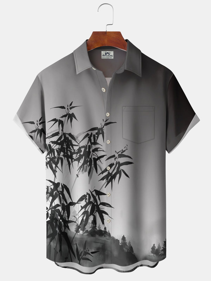 Alohadaddy Hawaii Vacation Gradient Bamboo Print Art Pocket Button Short Sleeve Stretch Large Size Men&