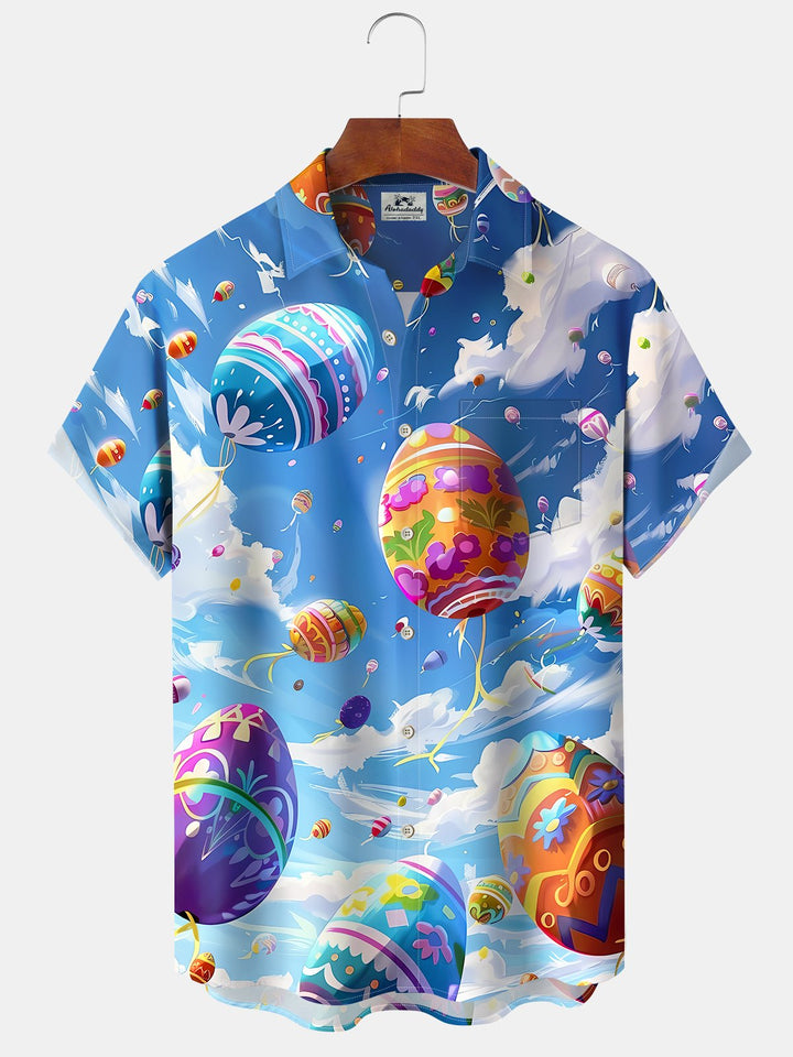 Alohadaddy Hawaii Easter Easter Egg Blue Sky Print Art Pocket Buttons Plus Size Stretch Shirt