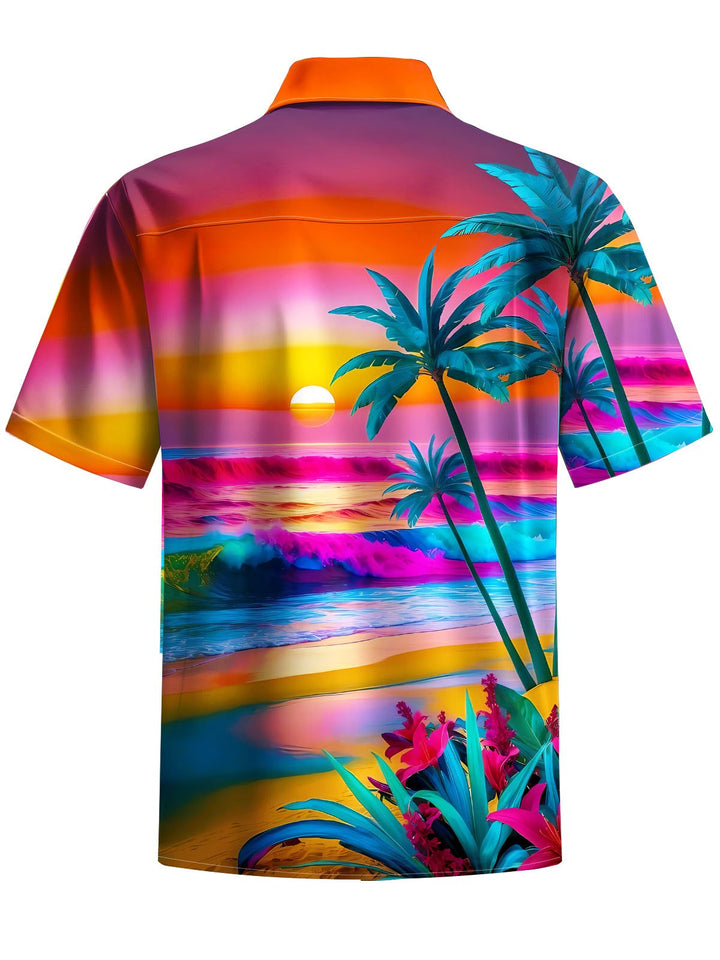 Alohadaddy® Hawaii Coconut Tree Beach Print Chest Pocket Men&