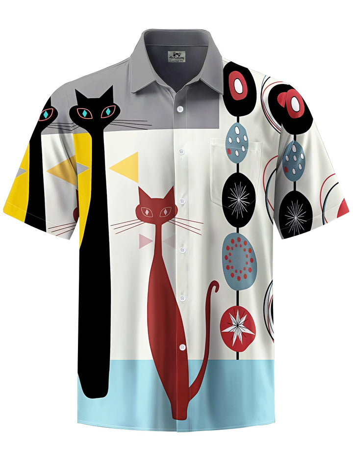 Alohadaddy® Casual Geometric Cartoon Cat Print Art Chest Pocket Men Short Sleeve Shirt Big &amp; Tall