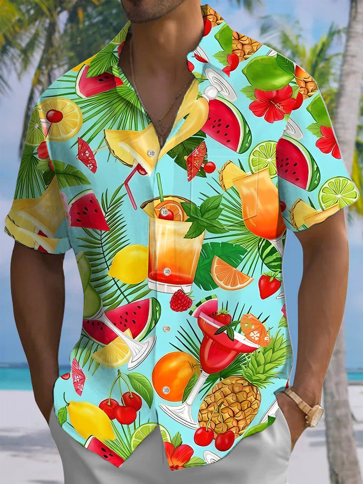 Alohadaddy® Hawaiian Cocktail Palm Leaves Art Print Chest Pocket Mens Short Sleeve Shirt Big &amp; Tall