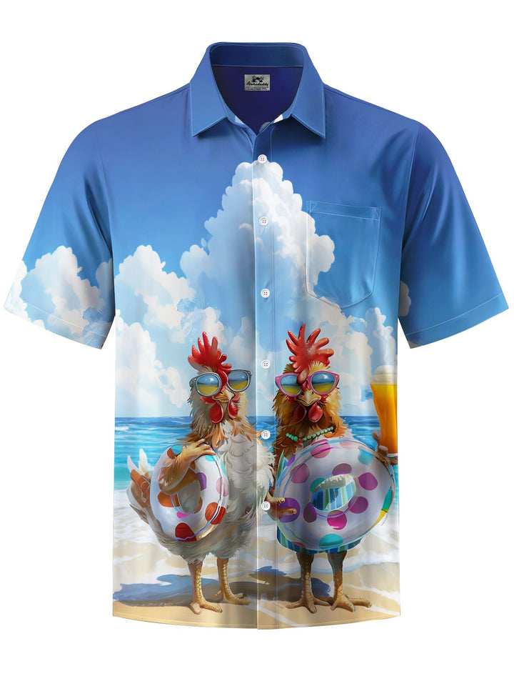 Alohadaddy® Hawaii Rooster Vacation Art Print Chest Pocket Mens Short Sleeve Shirt Big &amp; Tall
