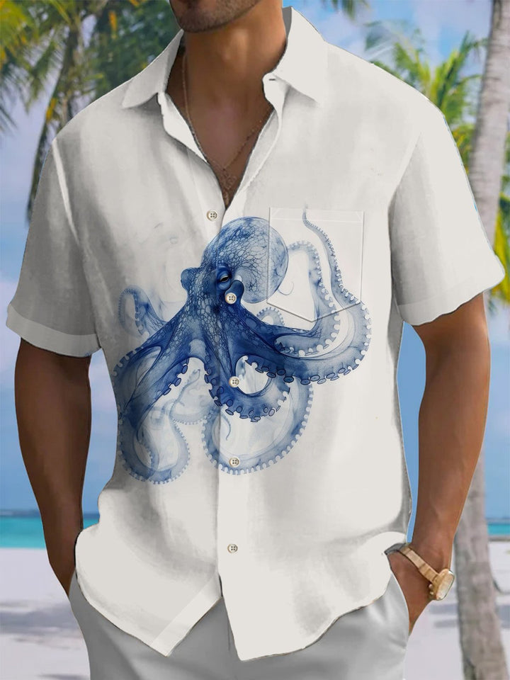 Alohadaddy® Casual Octopus Art Print Chest Pocket Mens Short Sleeve Shirt Big &amp; Tall