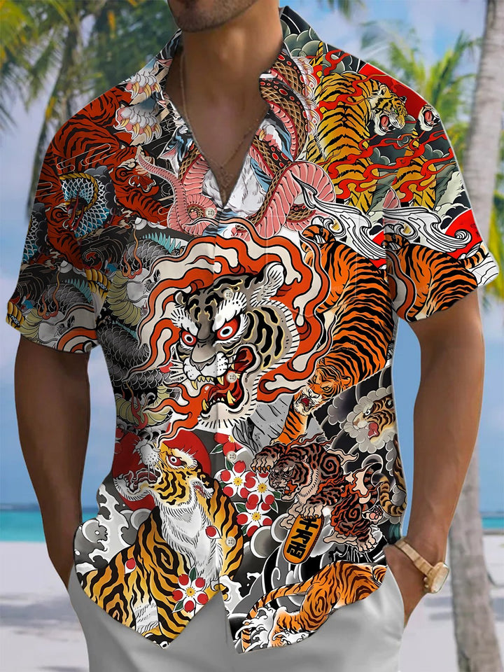 Alohadaddy® Vintage Tiger Art Print Chest Pocket Men&