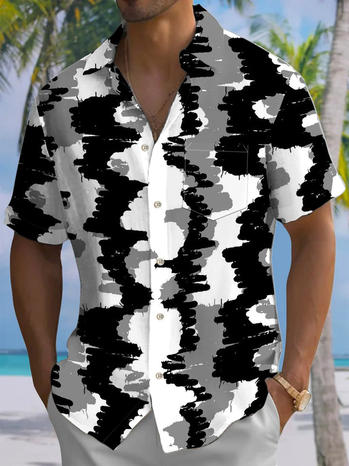 Alohadaddy® Casual Stripe Geometric Art Print Chest Pocket Men&