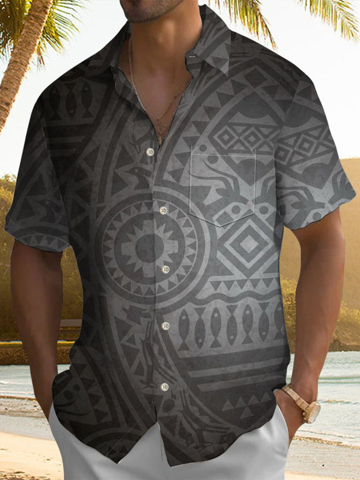 Alohadaddy® Casual Geometric Tiki Print Chest Pocket Men&