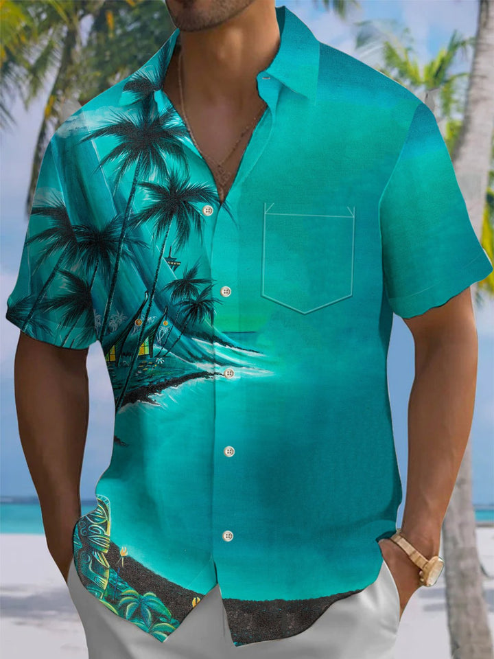 Alohadaddy® Retro Tiki Beach Holiday Art Print Chest Pocket Stretch Men&