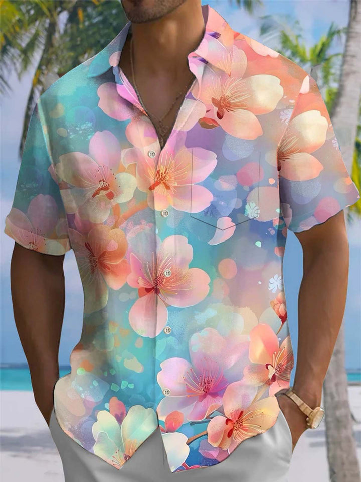 Alohadaddy® Hawaiian Flower Art Print Chest Pocket Stretch Men&