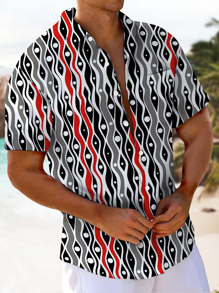 Alohadaddy® Casual Striped Geometric Art Print Chest Pocket Stretch Men&