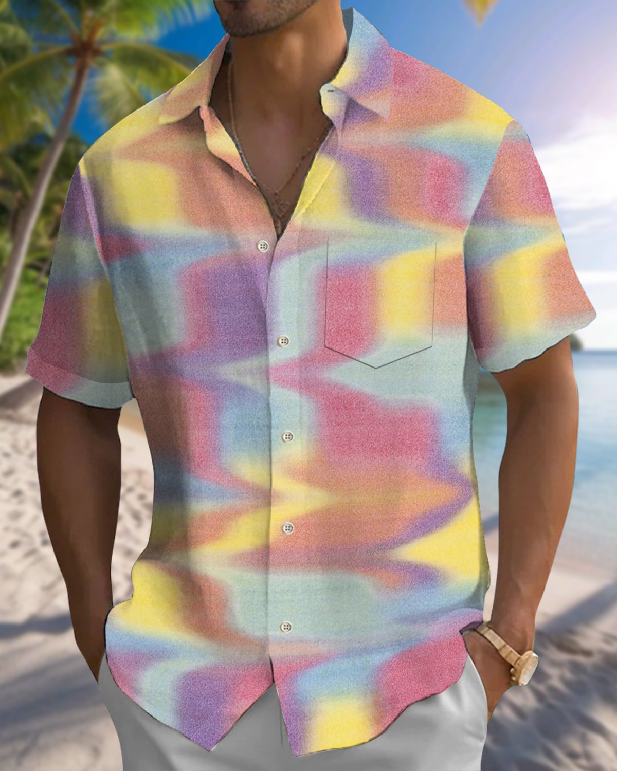 Alohadaddy® Hawaiian Abstract Print Pocket Elastic Button Men's Long Sleeve Shirt Big & Tall