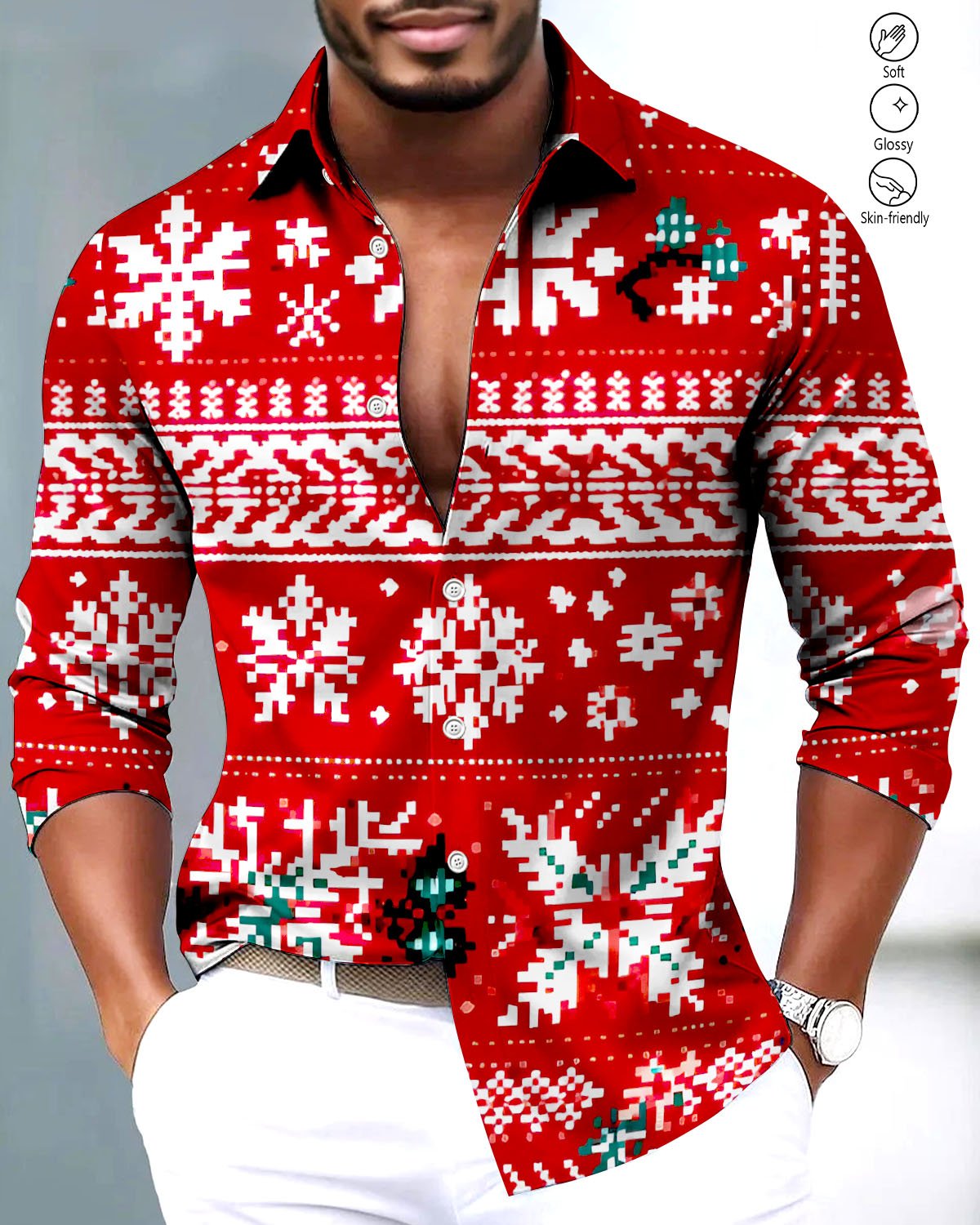 Alohadaddy® Satin Finish Christmas Starlight Snowflake Print Artistic Stretch Button Men's Long Sleeve Shirt Big & Tall