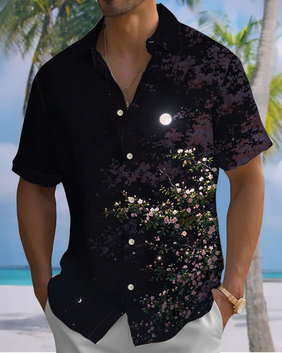 Alohadaddy® Casual Floral Night Sky Print Art Stretch Men's Short-Sleeve Shirt Big & Tall