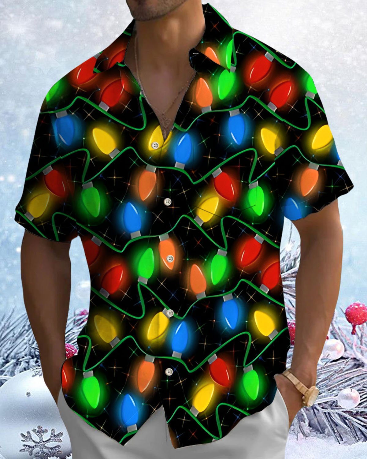 Alohadaddy® Holiday Christmas Lights Print Artistic Stretch Button Pocket Men's Short Sleeve Shirt Big & Tall