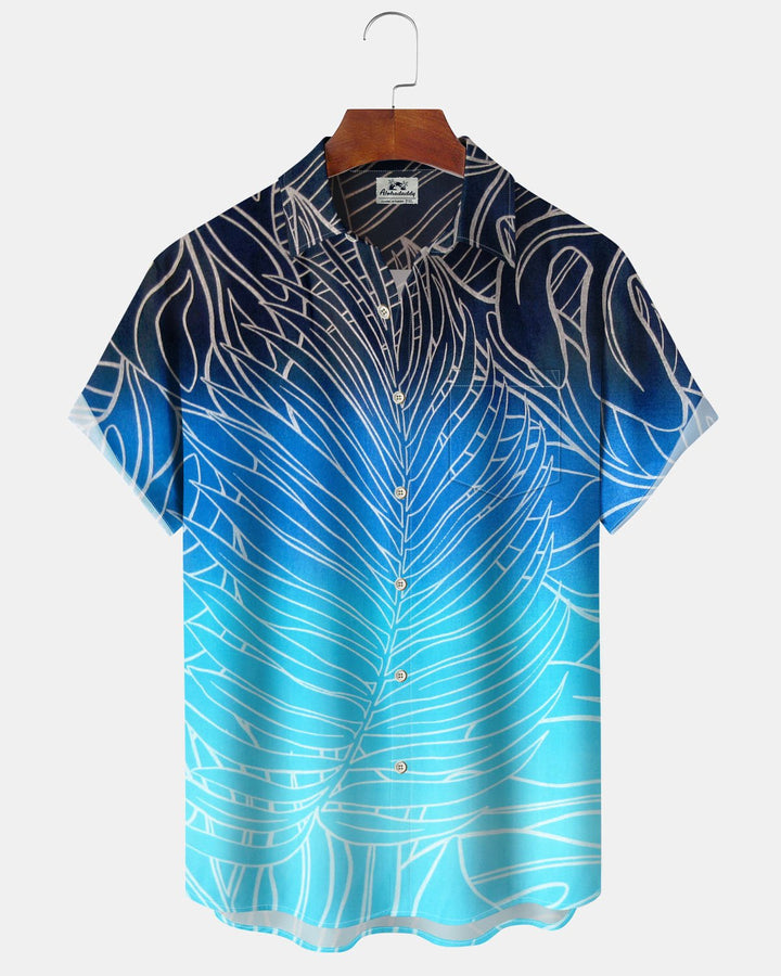 Alohadaddy® Hawaiian Gradient Leaf Print Art Pocket Button Stretch Men&